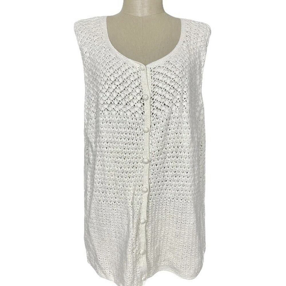 Vintage Liz Claiborne Crochet Knit Sweater Vest Tunic Button Front Size Large